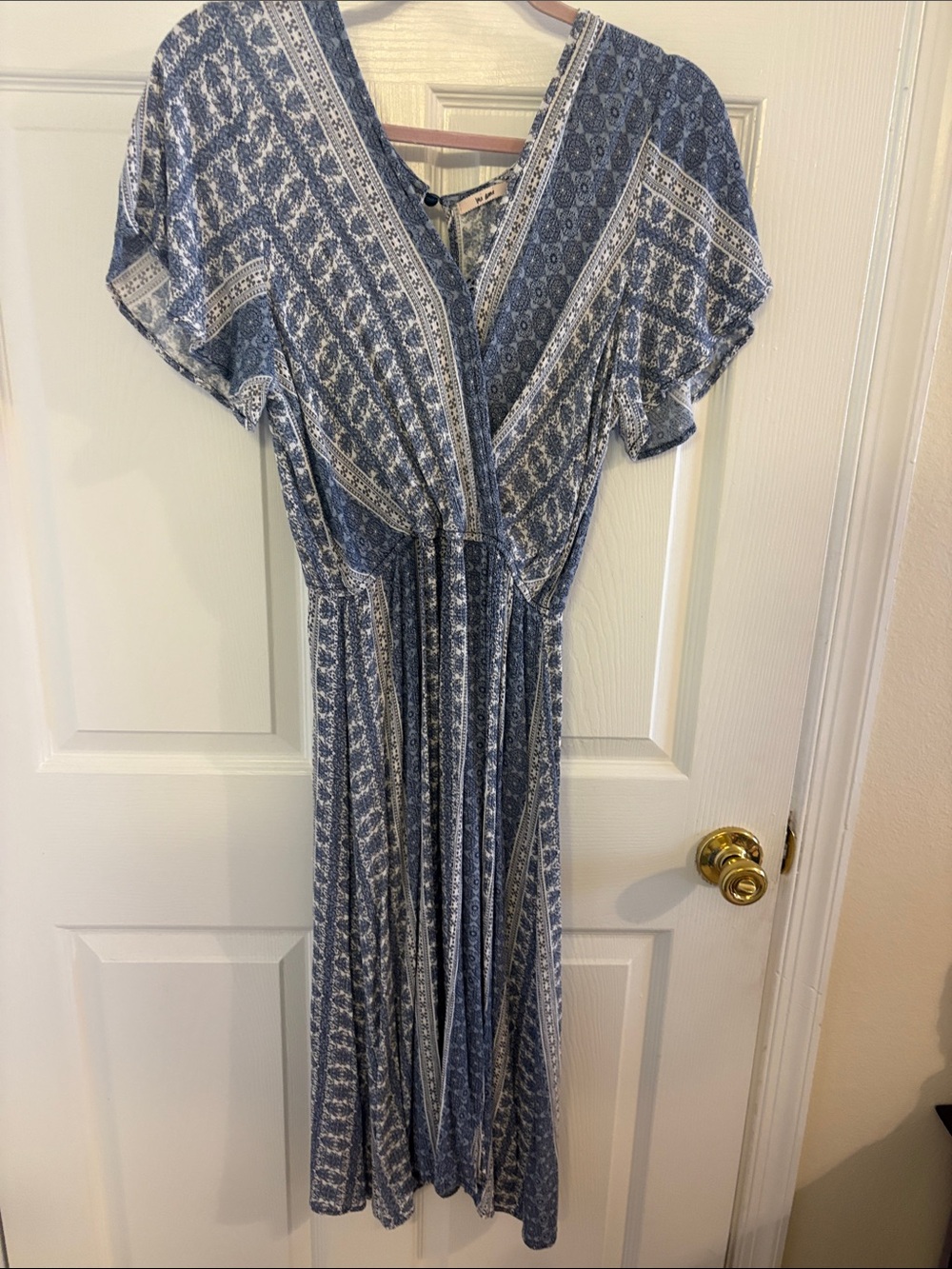 Blue Patterned V-Neck Midi Dress